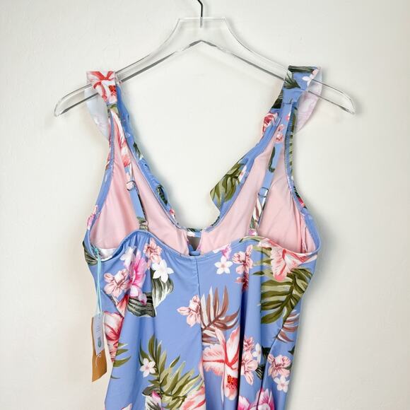 Kona Sol Floral One Piece Swimsuit Blue Pink Ruffle NWT Large - Picture 6 of 12